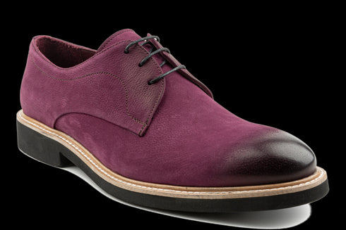 Burgundy Cap Toe Effect Nubuck Derby Shoes For Men